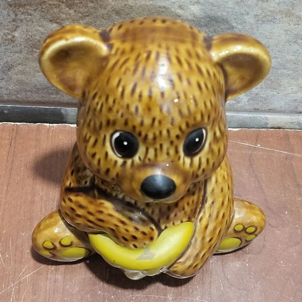 Vintage Ceramic Honey Bear Pot Jar Glossy Brown Glaze Finish